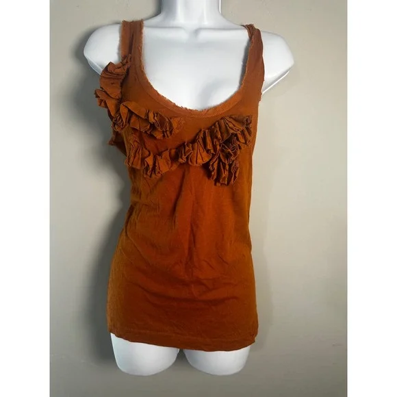 J.Crew Womens Ruffle Front Tank Top Burnt Orange Rust Cotton Y2K Scoop Neck S - Picture 2 of 7
